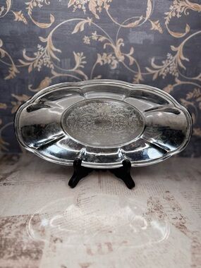 Vintage Silverplate Oval Serving Tray Ornate Engraved Platter 11in